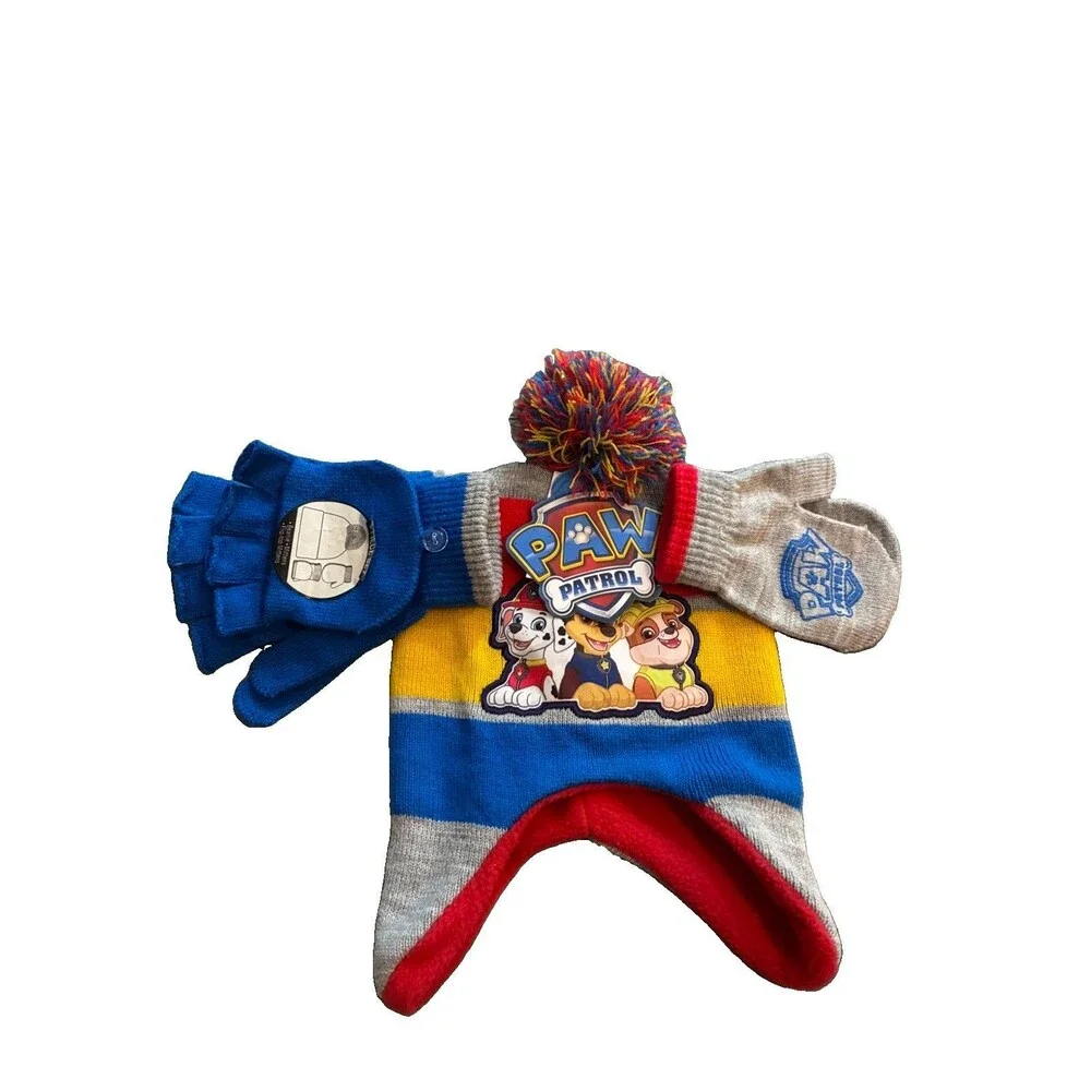 Paw Patrol Red Yellow Blue & Grey Winter Beanie Hat with Gloves / Mittens NWT